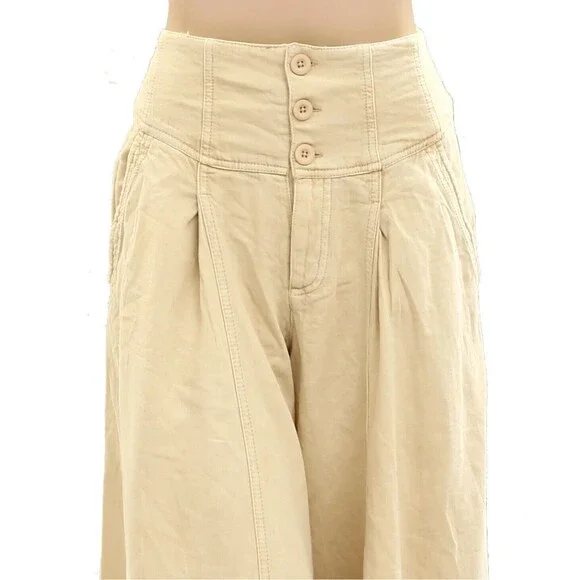 Free People Maxed Out Wide-Leg Trousers Pants Mid-Rise Pleated Beige S-6 278386